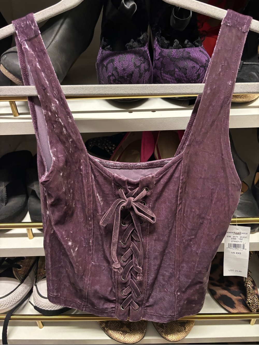 American Eagle Outfitters Velvet Lace-Up Crop Tank - Purple